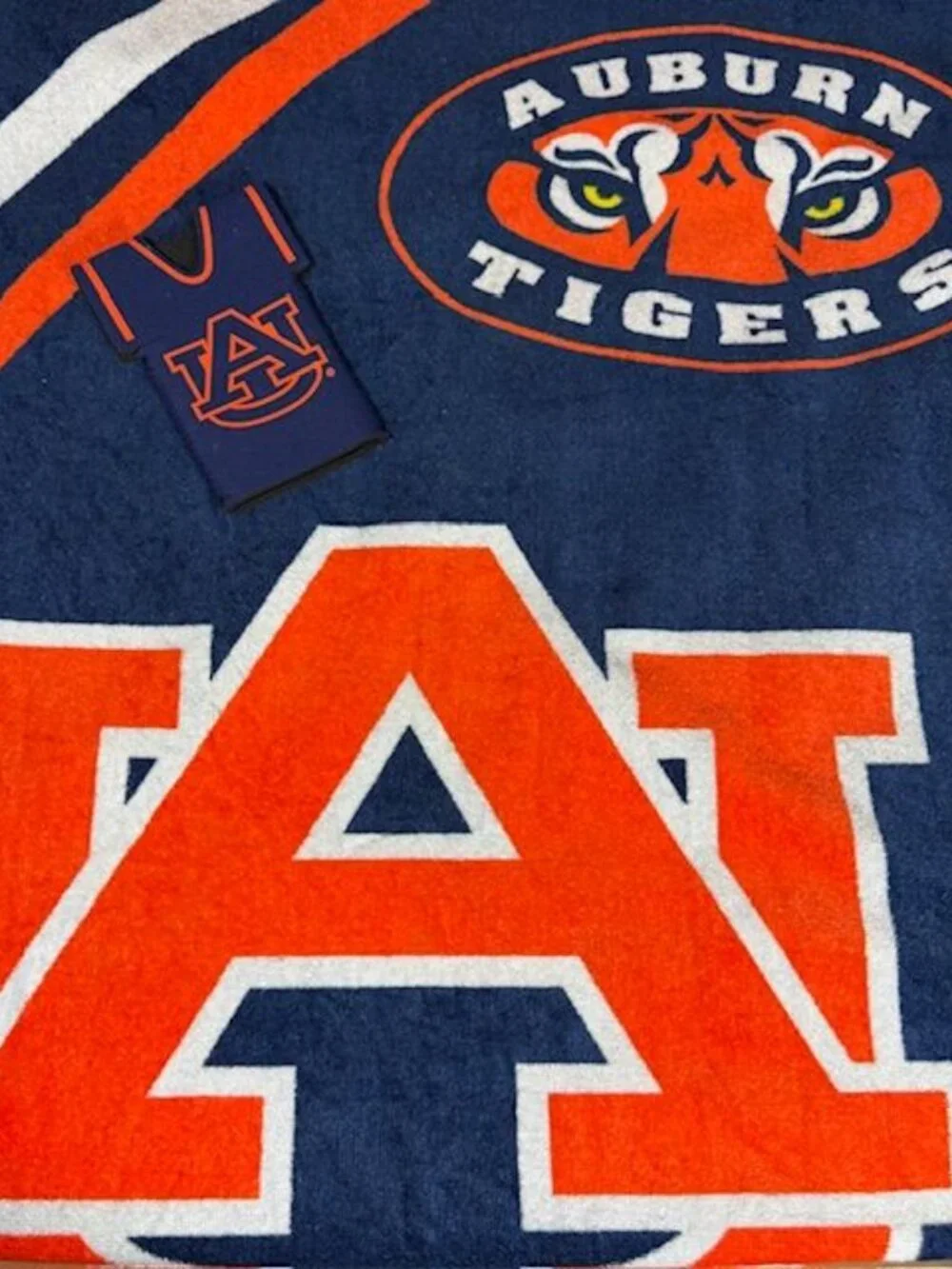 Vintage 2pc Auburn University Auburn Tigers Beach Bath Towel + Jersey Koozie Set